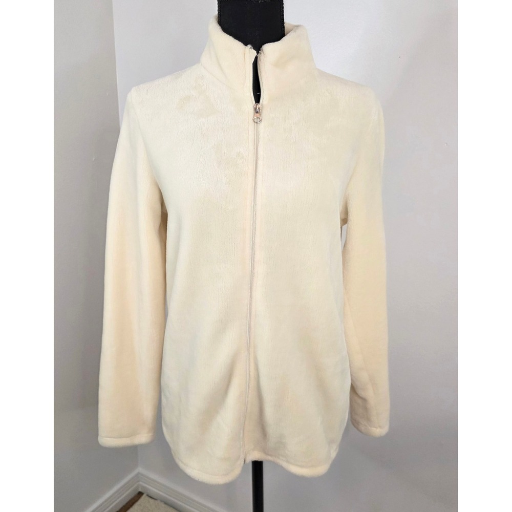 Faded Glory Cream Faux Fur Fleece Jacket Full Zip Mock Neck Ivory Medium 8-10
